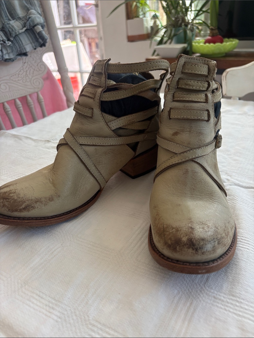 freebird Strappy Cutout Ankle Booties in Light Tan